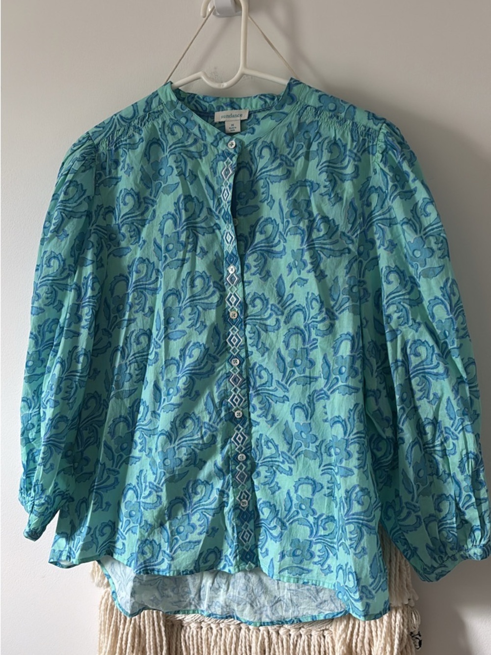 Sundance Faron Blouse Embroidered Balloon Sleeve Cotton Blue Green Medium - Picture 2 of 4